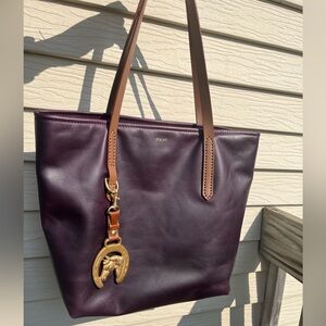FOUNT Leather Bellfield Tote Bag in Fig with FOUNT Horse Pendant, EUC